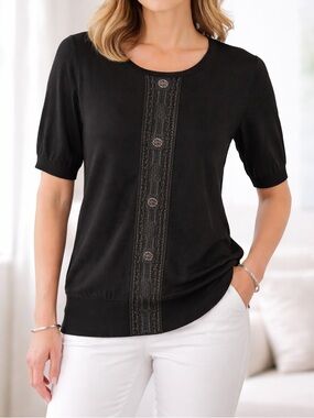 ✨ Etcetera Silk Cashmere Top Black Short Sleeve Embellished Knit Size S